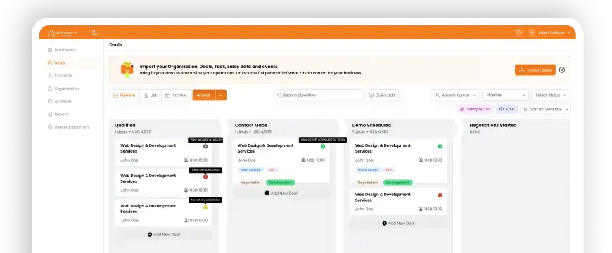 Kanban sales pipeline with deal stages and at-risk lead flags